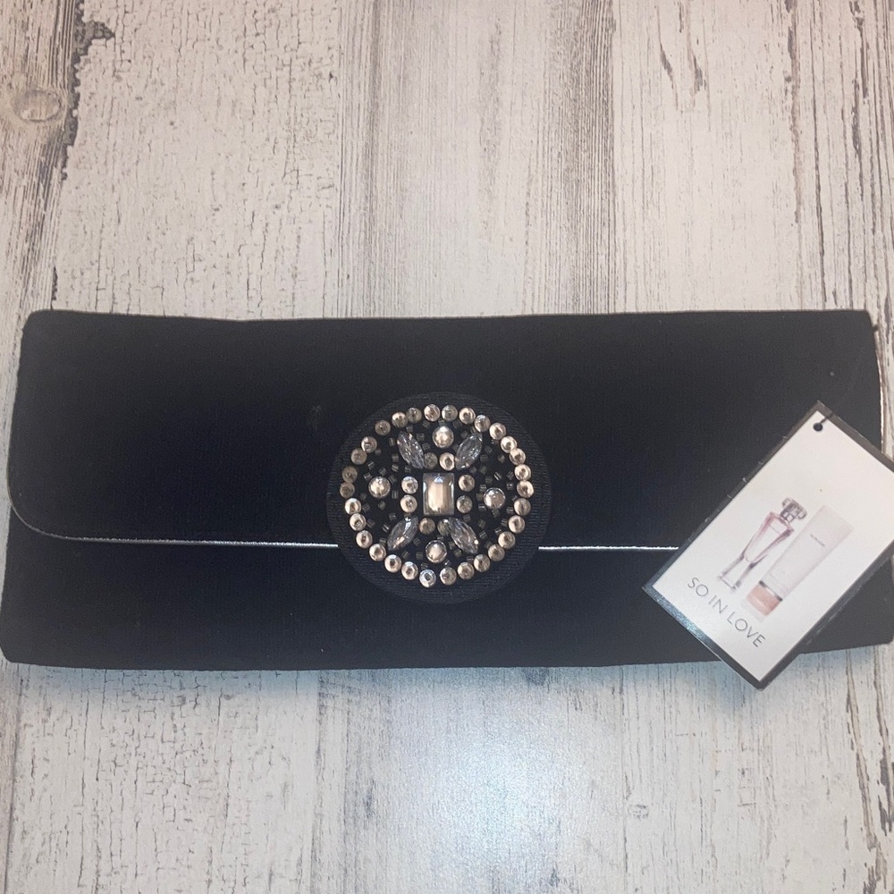 NWT Victoria Secret  Black Clutch with Silver Trim and Jeweled Design